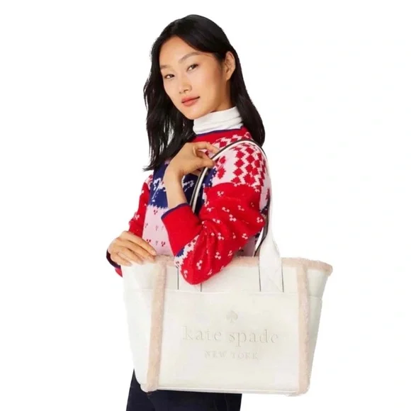 NWT kate spade Jett Faux Shearling Patent Leather Large Tote, Meringue White - Picture 3 of 15